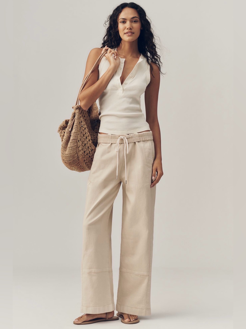 Anthropologie Wide-Leg Drawstring Pants In Light Beige